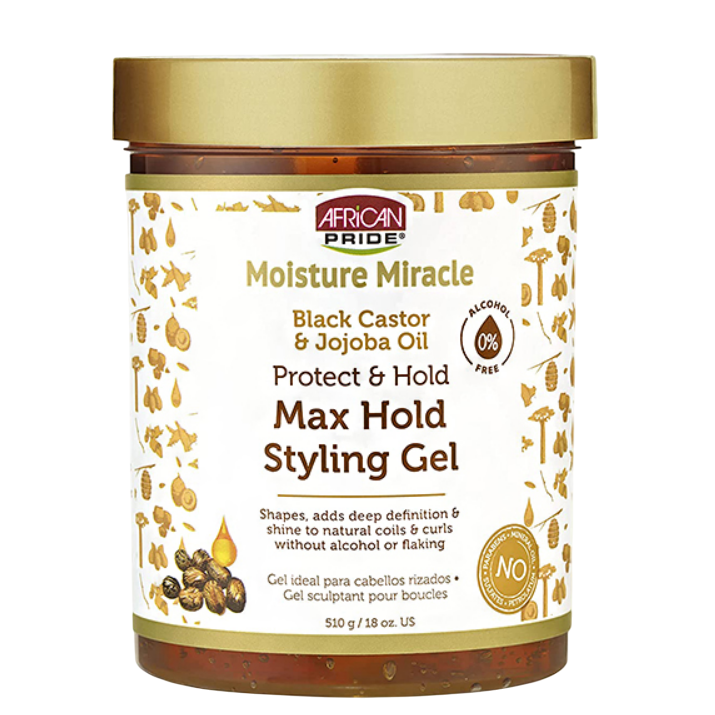 African Pride Moisture Miracl e Max.  Styling Gel Black Castor 18oz